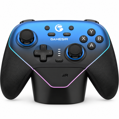 Wireless controller with Hall Effect sticks, shown with its charging dock