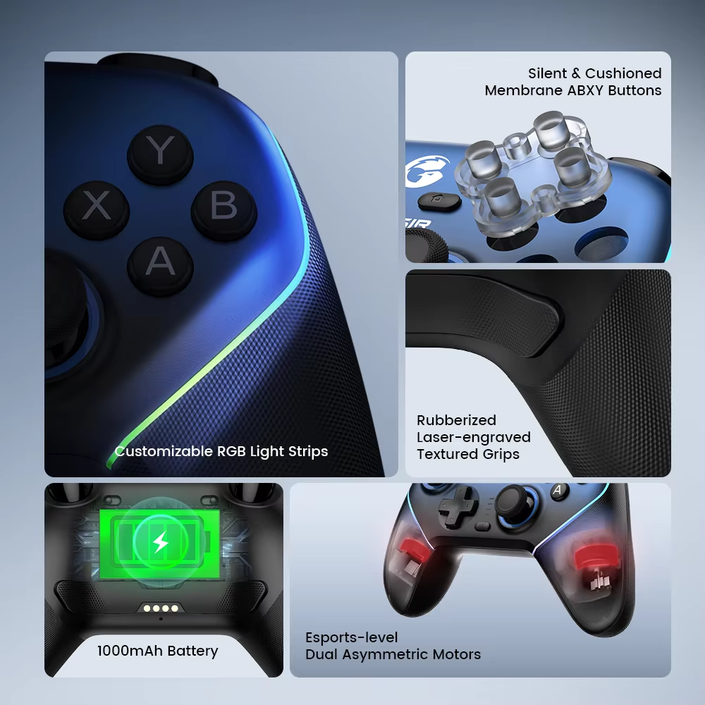Close-ups of the RGB light strips, cushioned buttons, textured grips, 1000mAh battery and dual motors